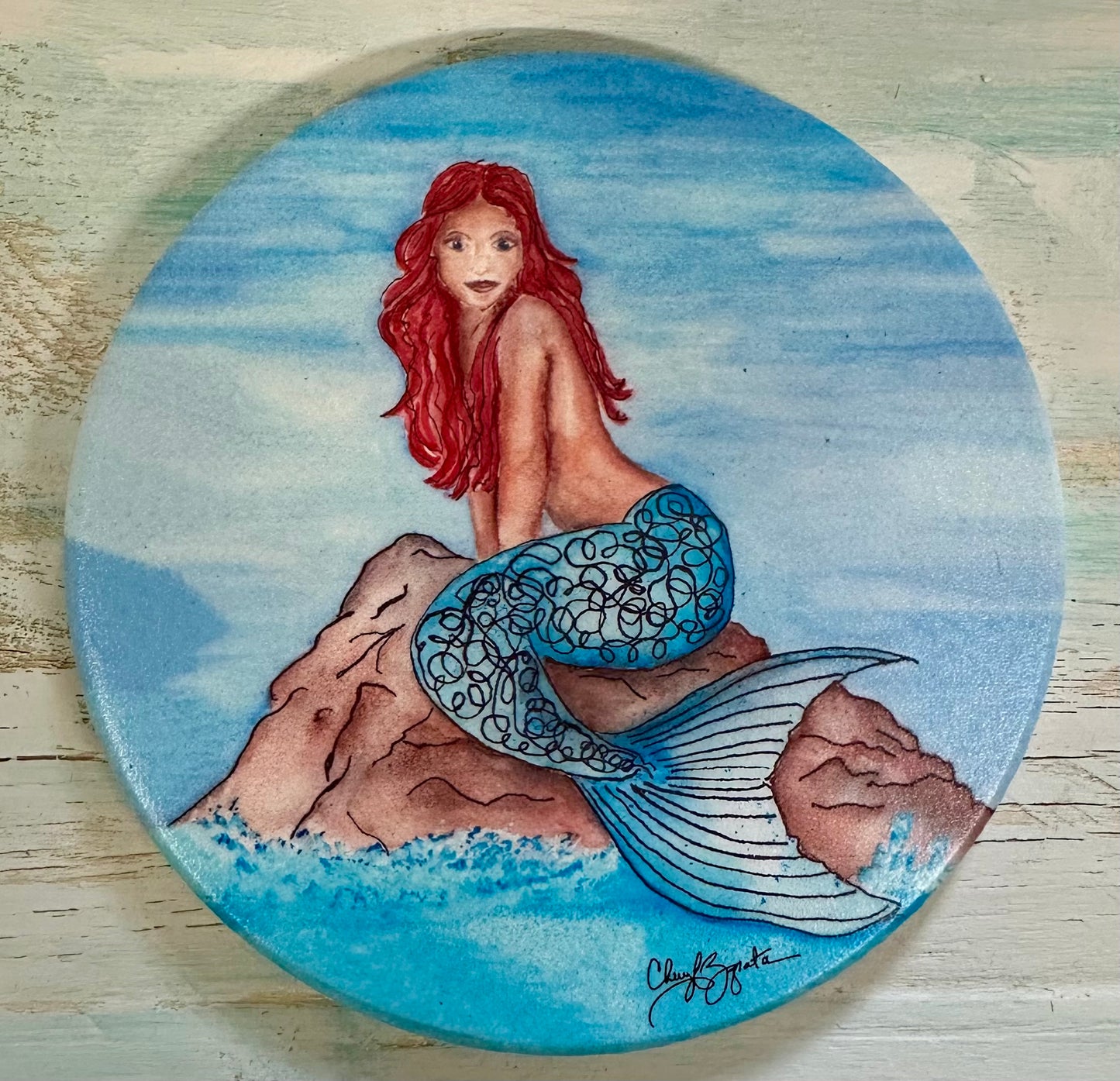 Red Mermaid Round Coaster by Cheryl Zapata Art