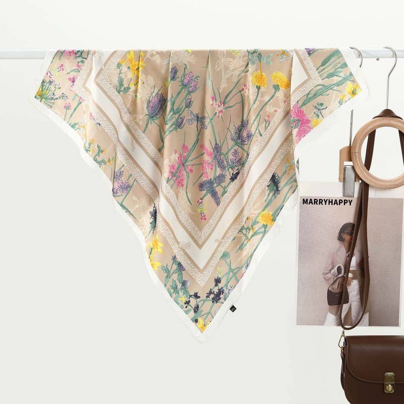 Beige Floral Print Bandana Scarf