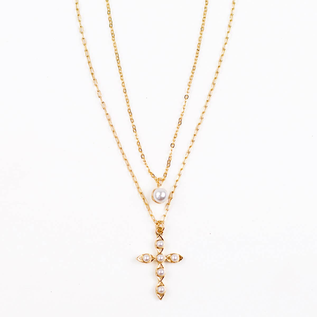Leah Cross Layered Necklace Gold/White 15/17"