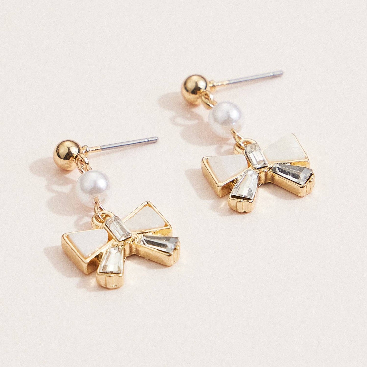 Gold Bow Drop Earrings with Mother of Pearl & Crystal