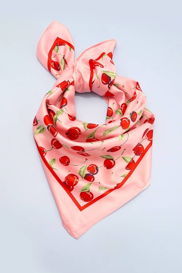 Pink Cherry Print Silky Feel Bandana Scarf