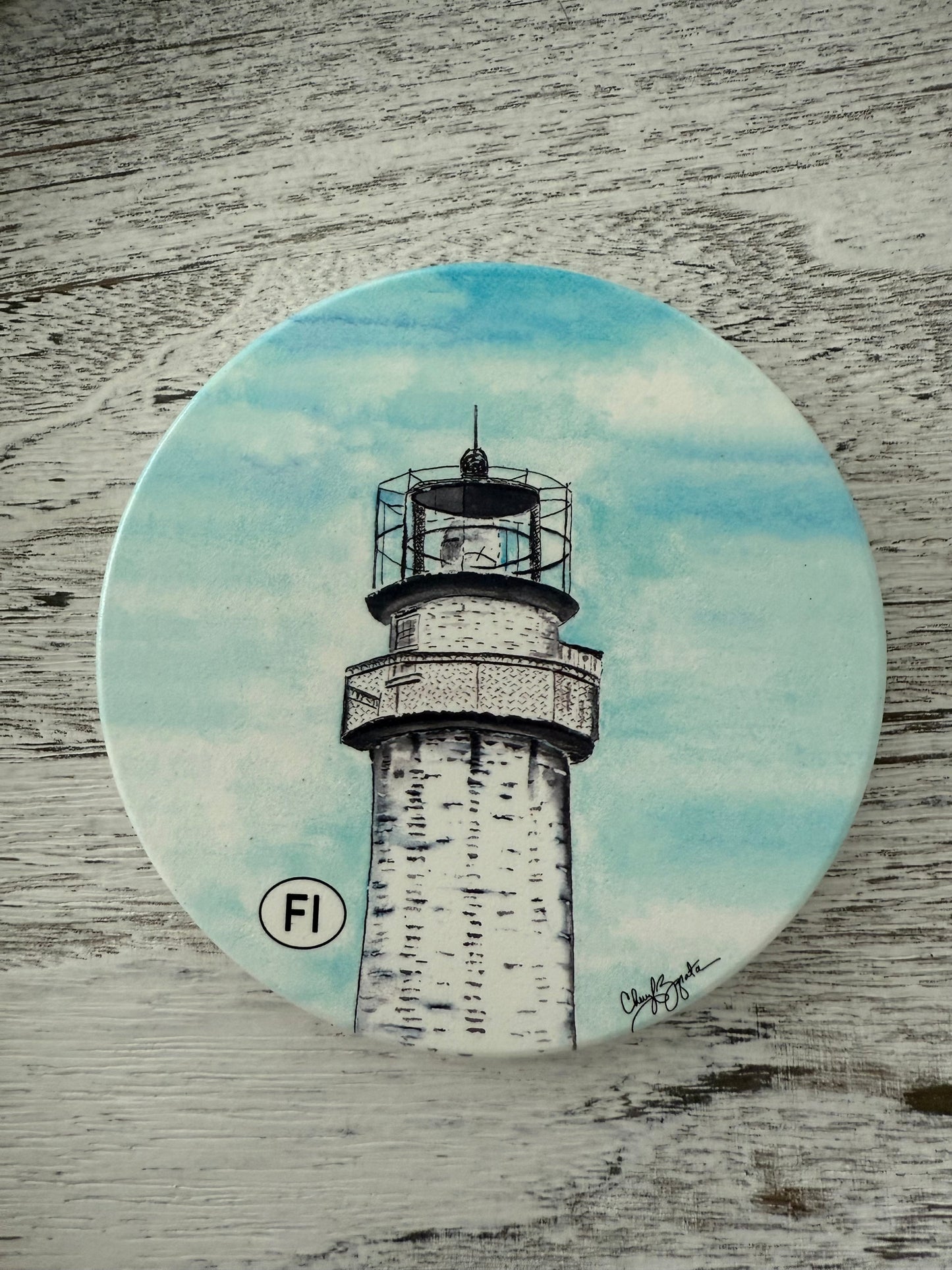 FI Lighthouse Sky Round Coaster by Cheryl Zapata Art