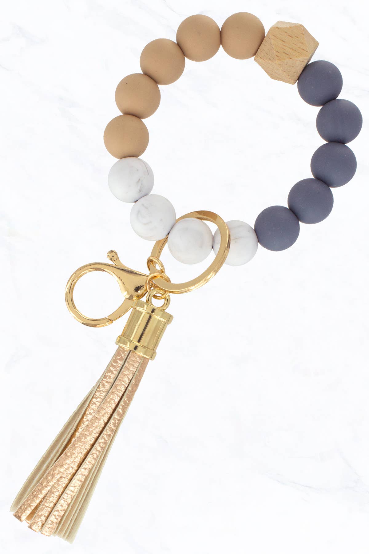 Color Silicone Beaded Key Ring Keychain: Nude Grey