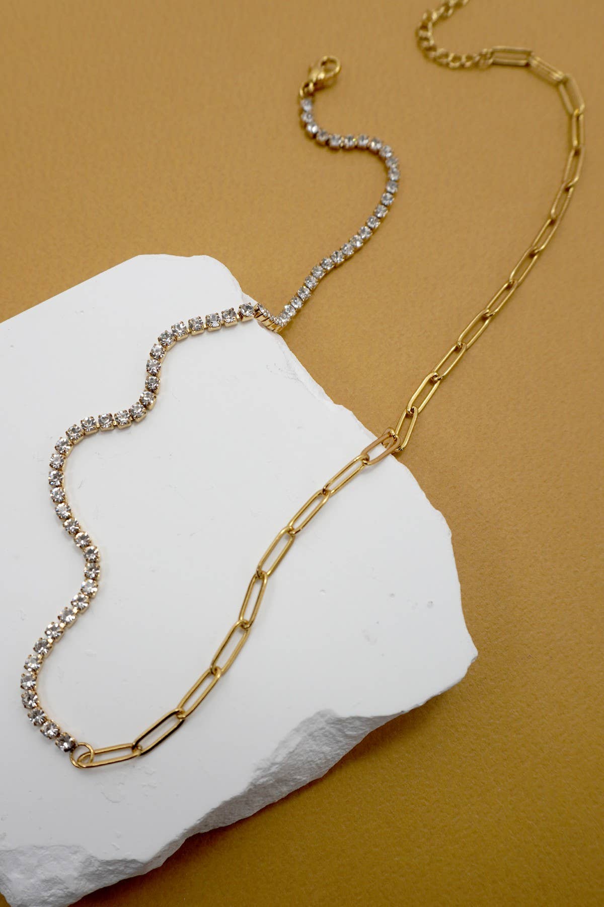 Gold Tennis Paper Clip Rhinestone Necklace