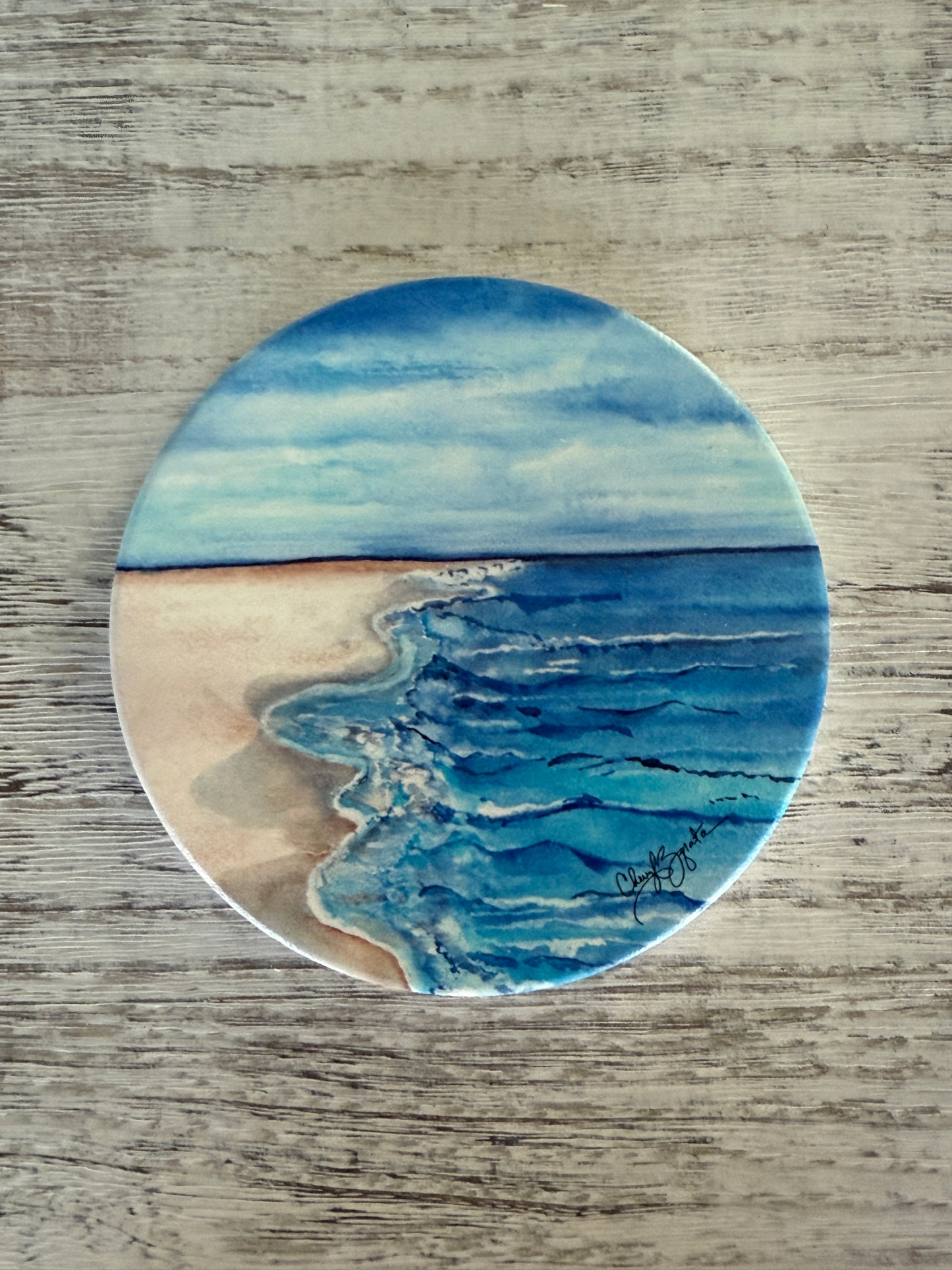 Coastal Drift Round Ceramic Coaster by Cheryl Zapata Art