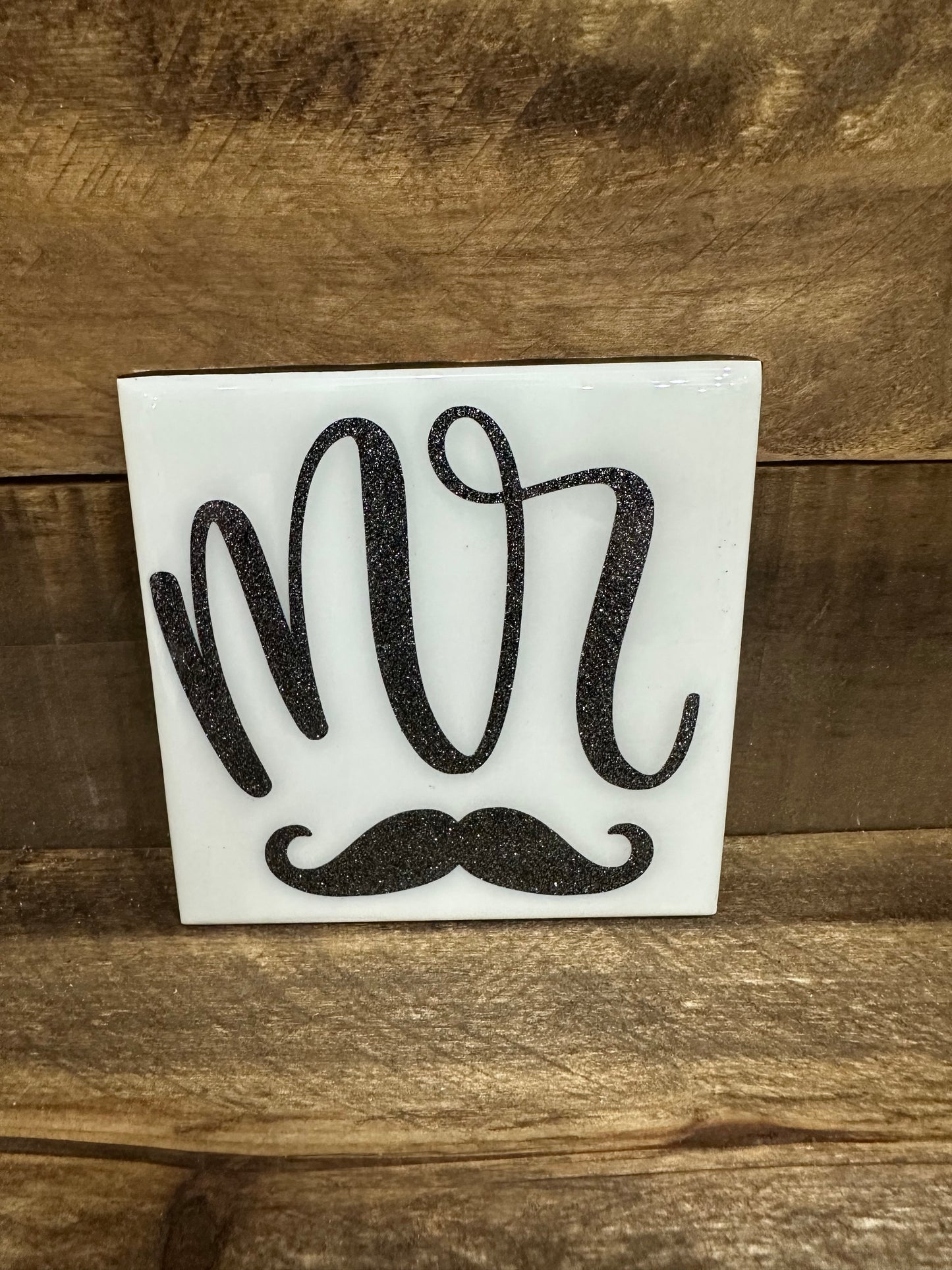Mr. & Mrs. Black (w/glitter) & White Tile Coaster