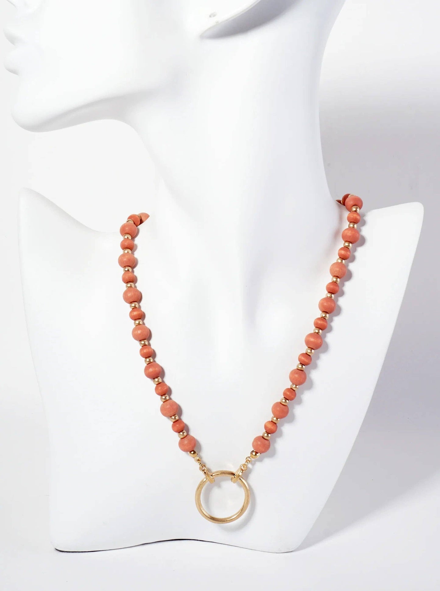 Metal Circle Pendant Color-Coated Wood-Beaded Chain Necklace: Coral