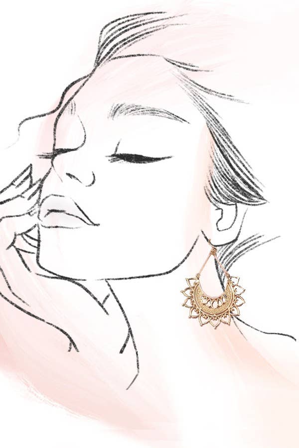 Boho Half Circle Flower Drop Earrings, Gold