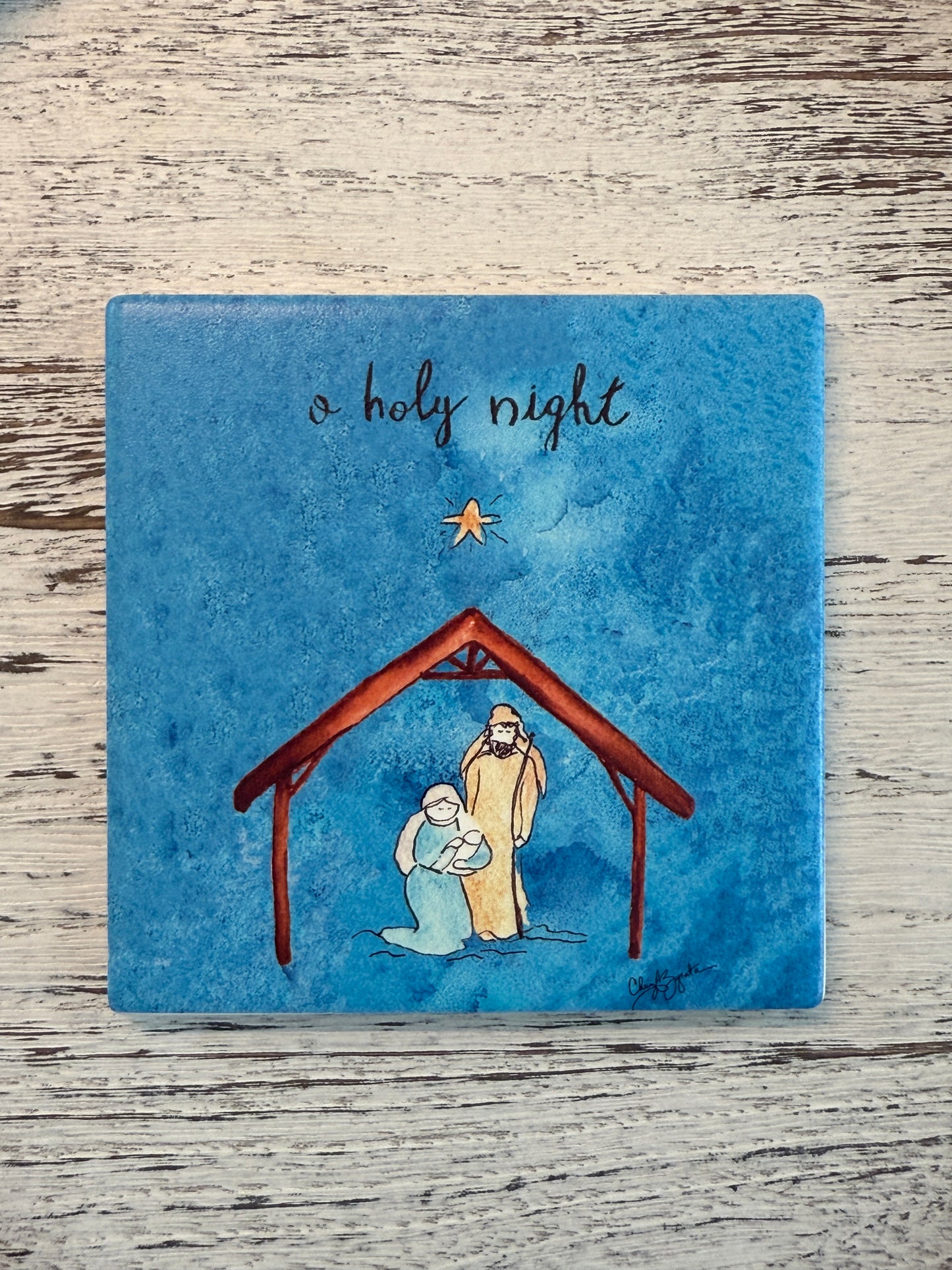 Manger Blue Wash Square Ceramic Coaster by Cheryl Zapata Art