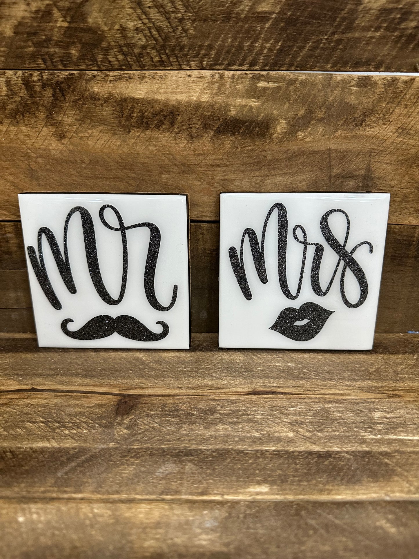 Mr. & Mrs. Black (w/glitter) & White Tile Coaster