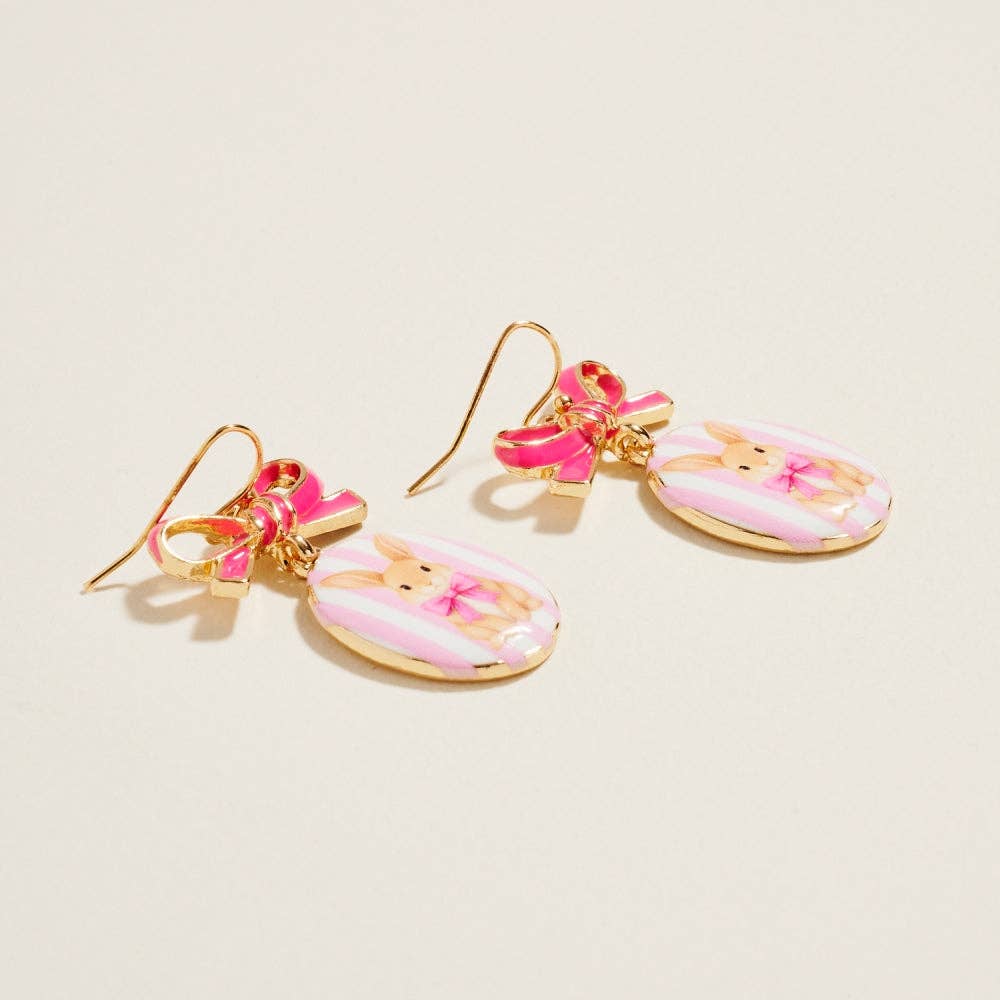 Hot Pink Oval Easter Rabbit Enamel Bow Ribbon Hook Earrings