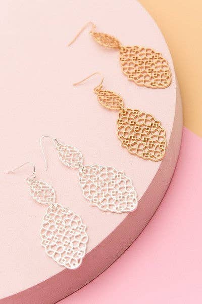 Matte Filigree Double Drop Earrings, Matte Silver