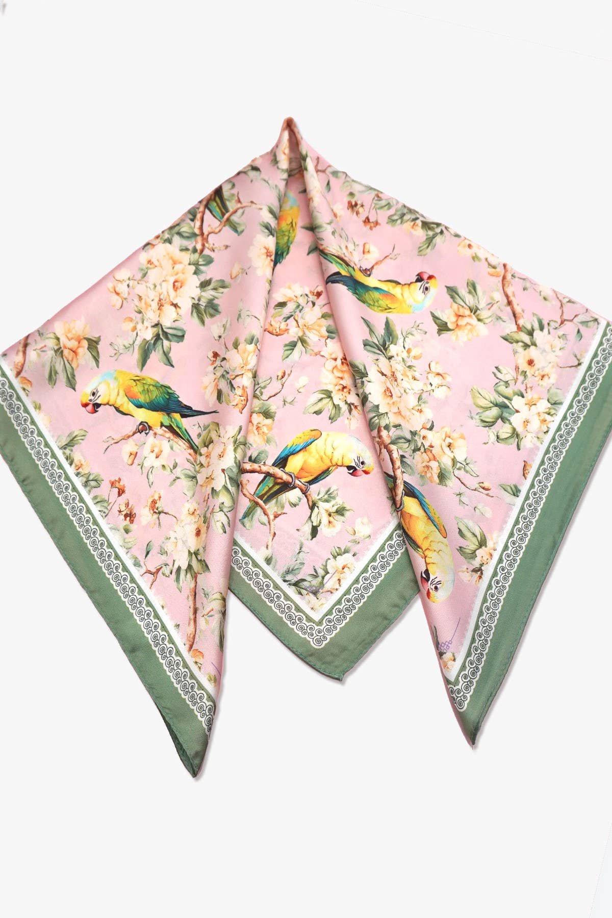 Pink Floral Bird Print Silky Feel Bandana Scarf