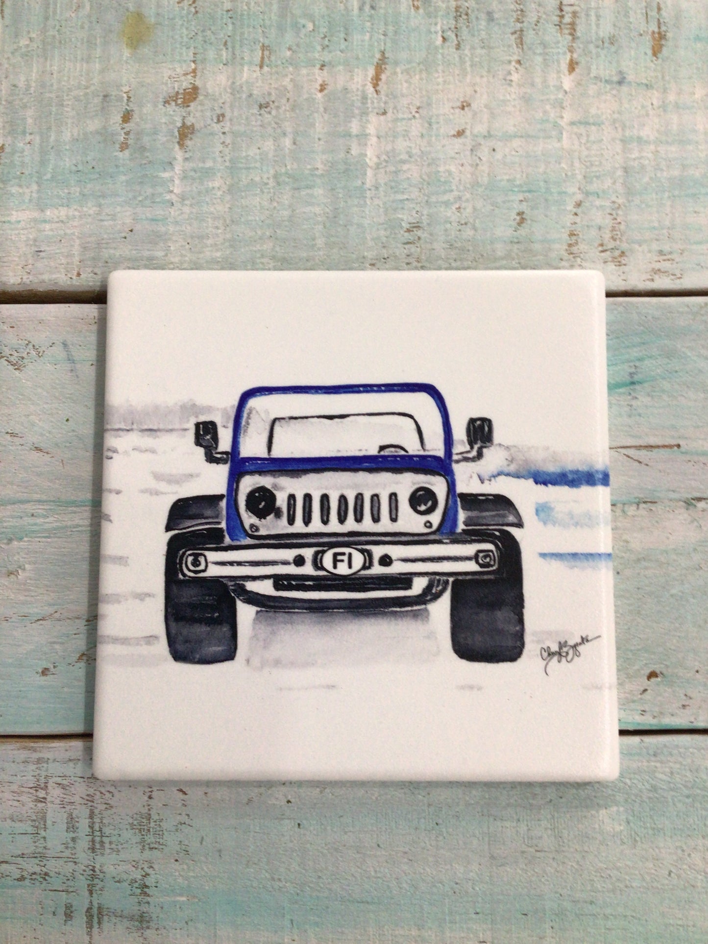 FI Jeep Square Ceramic Coaster by Cheryl Zapata Art