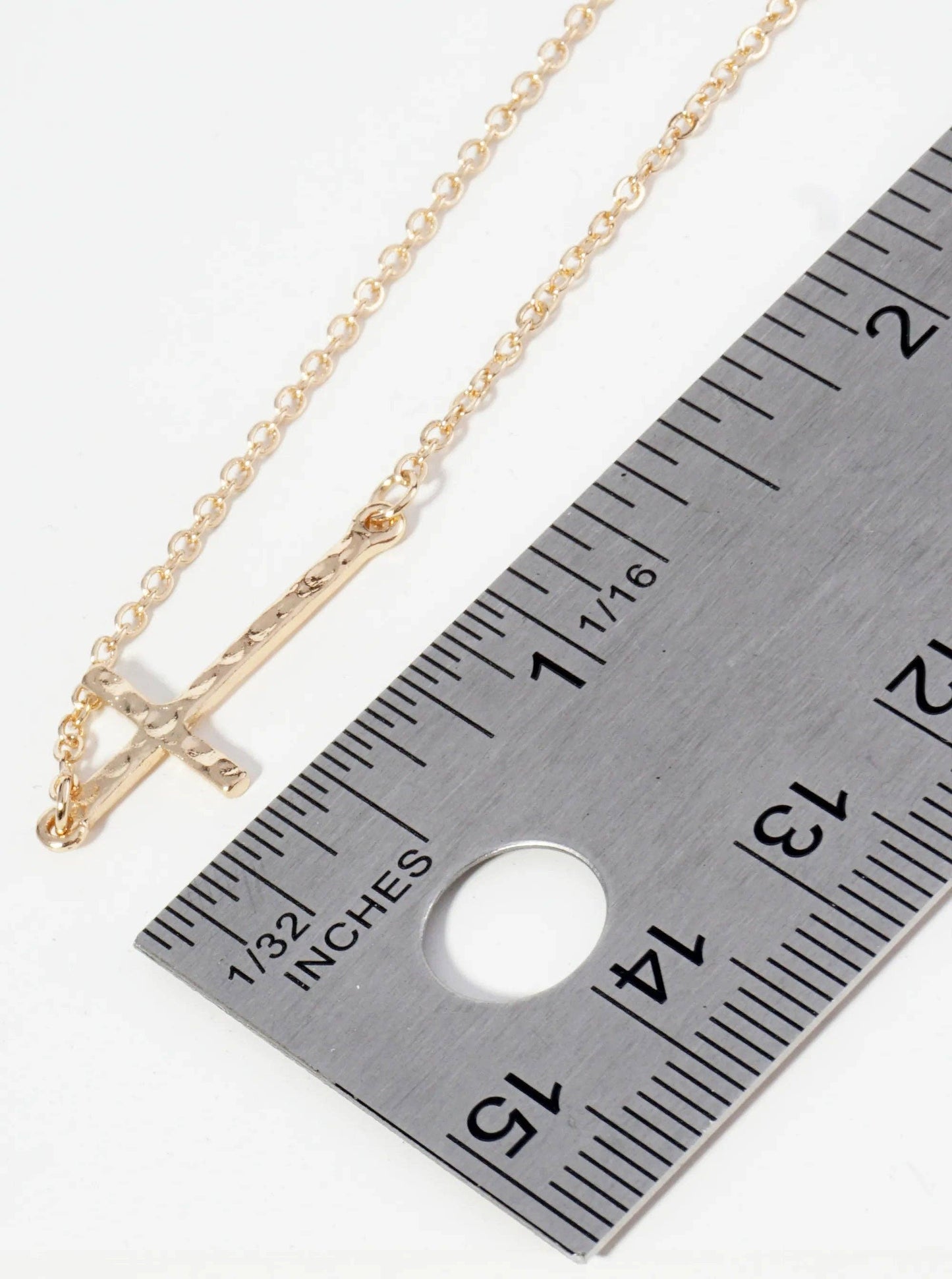 Hammered Metal 1 Inch Sideways Cross Pendant Necklace: Rhodium
