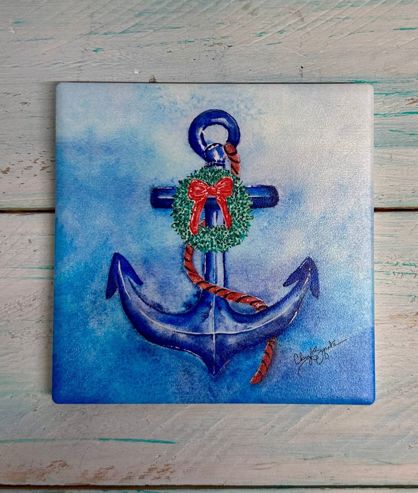Wreath Anchor Square Ceramic Coaster by Cheryl Zapata Art