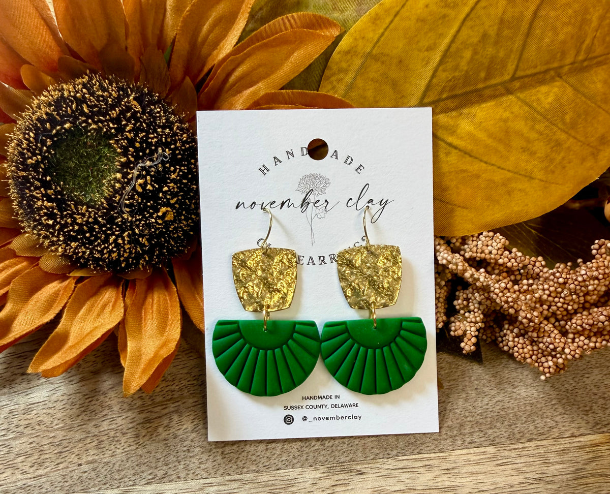 Rounded Gold Trapezoid w/Green Fan Dangle
