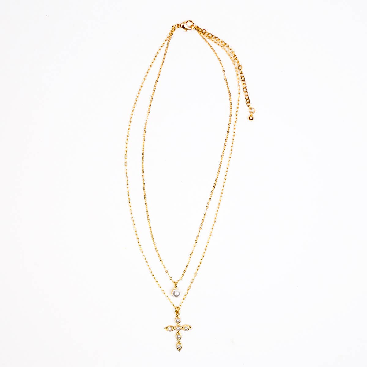 Leah Cross Layered Necklace Gold/White 15/17"