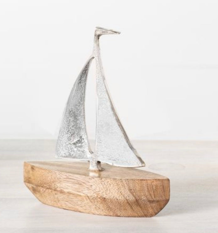 Silver Sails Boat on Wood Base