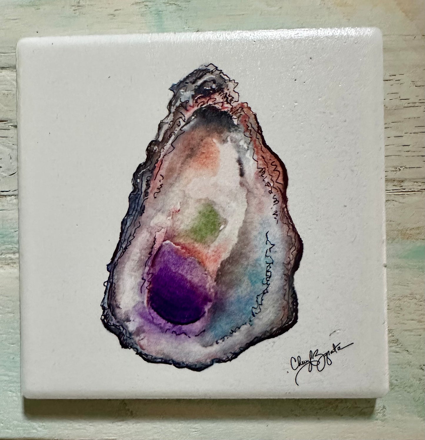 Oyster C Square Ceramic Coaster by Cheryl Zapata Art