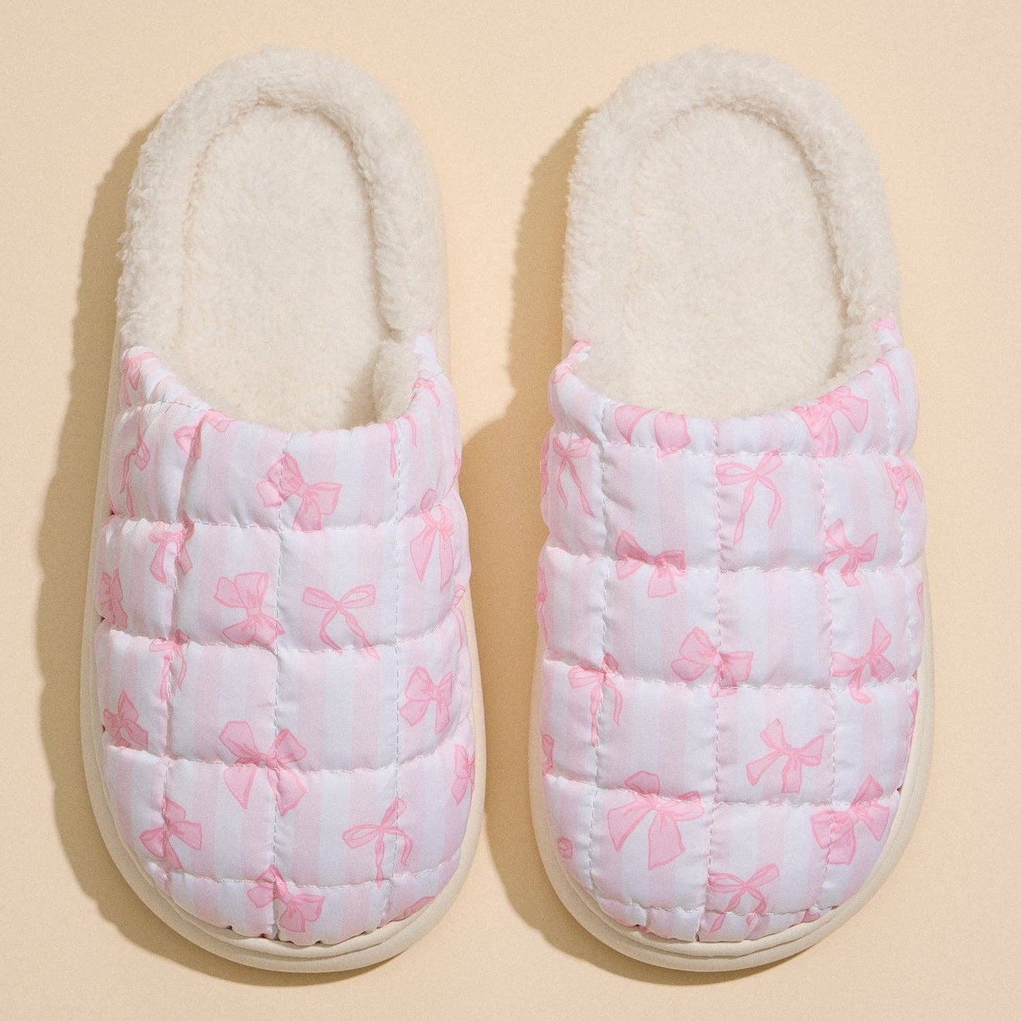 Soft Quilted Indoor Slippers with Pink Bow Pattern