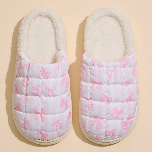 Soft Quilted Indoor Slippers with Pink Bow Pattern