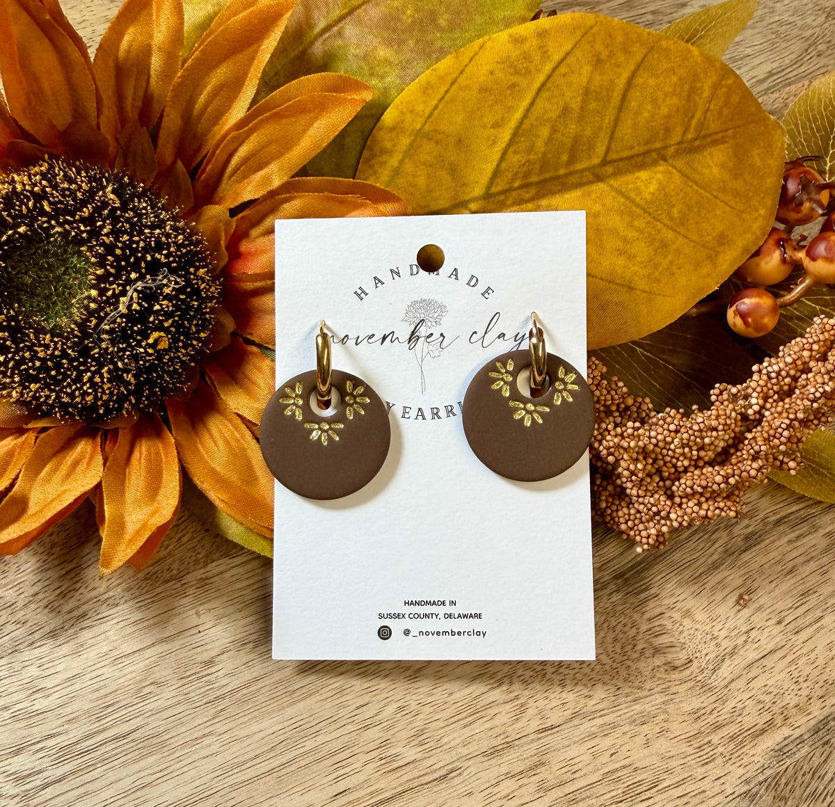 Chocolate Brown Circle w/Gold Flowers and Gold Round Huggie Hoop