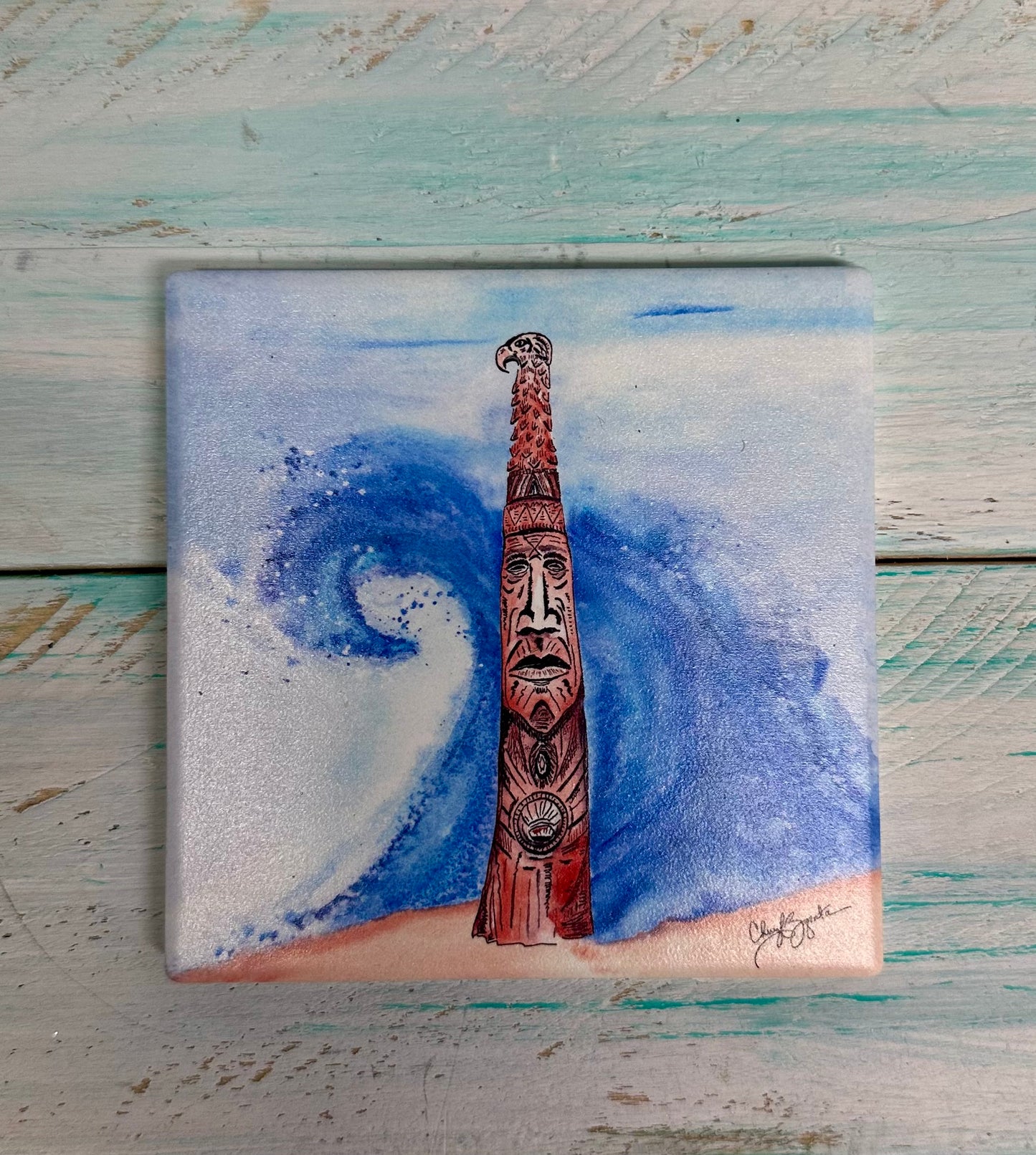 Chief Little Owl Bethany Beach Totem Pole Square Ceramic Coaster by Cheryl Zapata Art