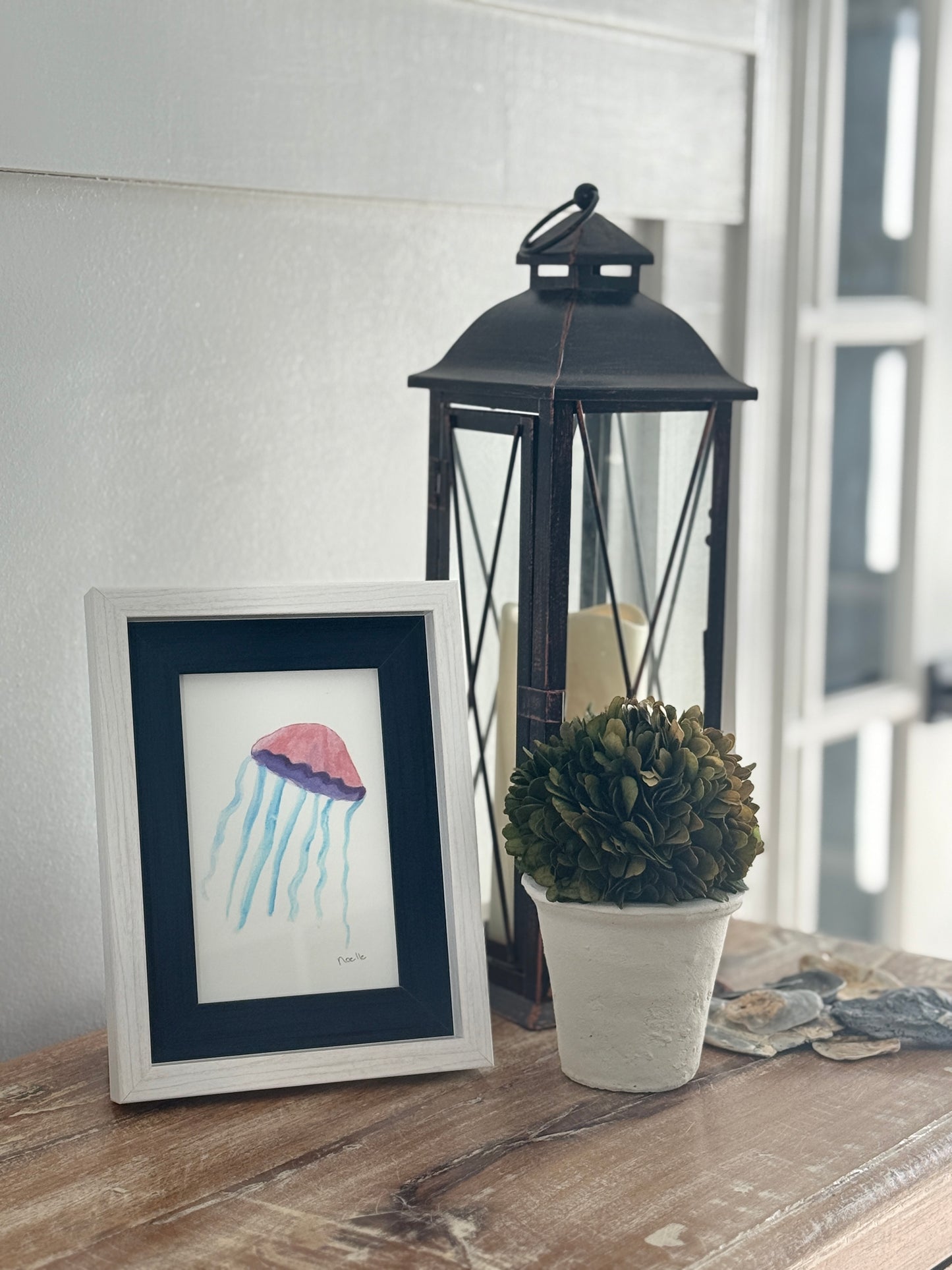 5x7 Pink Jellyfish by Noelle Blue/White Frame