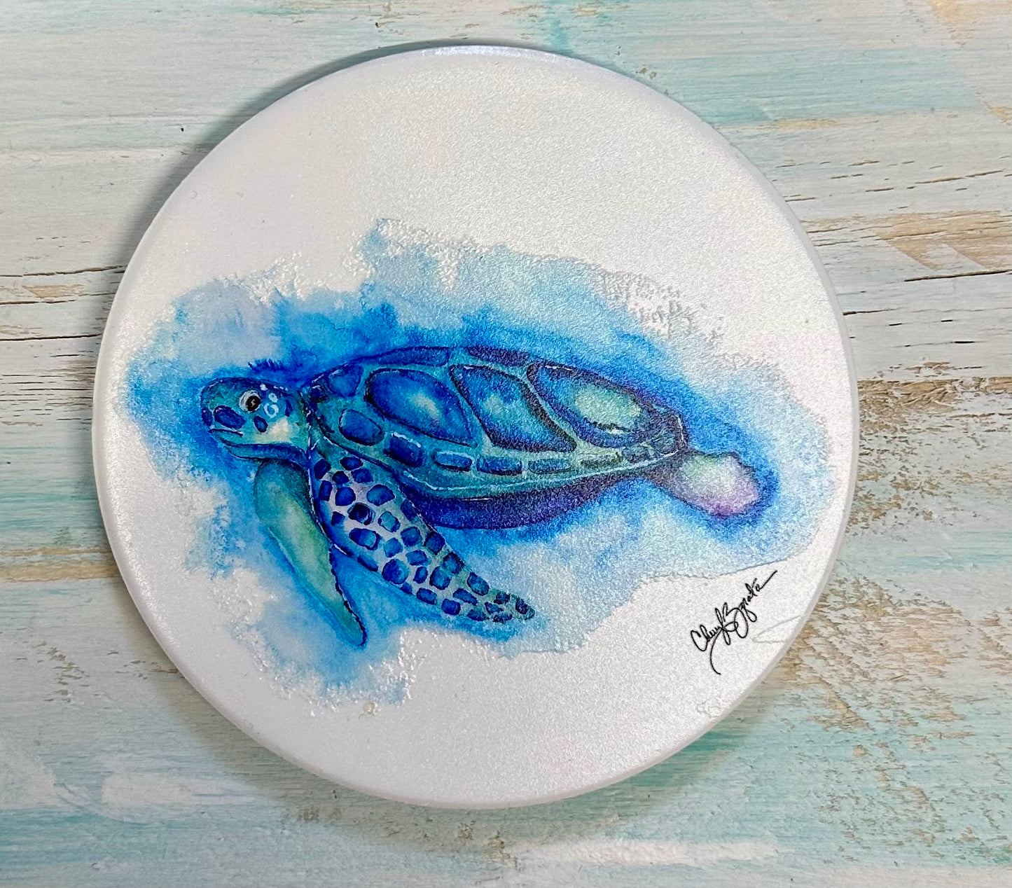 B/G Turtle Round Coaster by Cheryl Zapata Art