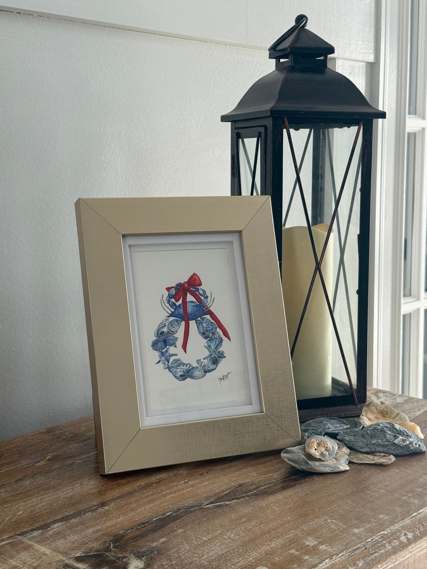 Bountiful Shell Wreath by C.Zapata Art in Gold 5x7 Double Mat Frame