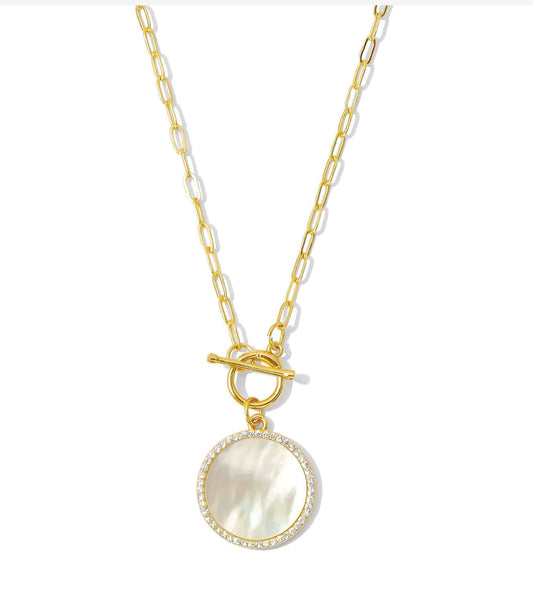 Gold MOP Pave Circle Toggle Necklace