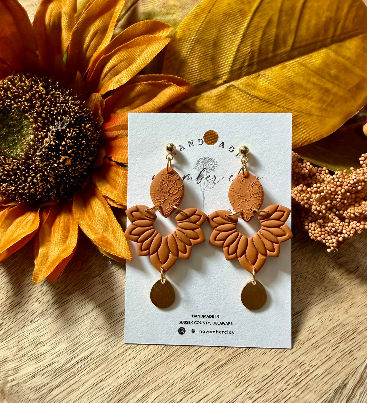 Burnt Orange Petal Shape w/Gold Tear Drop Dangle