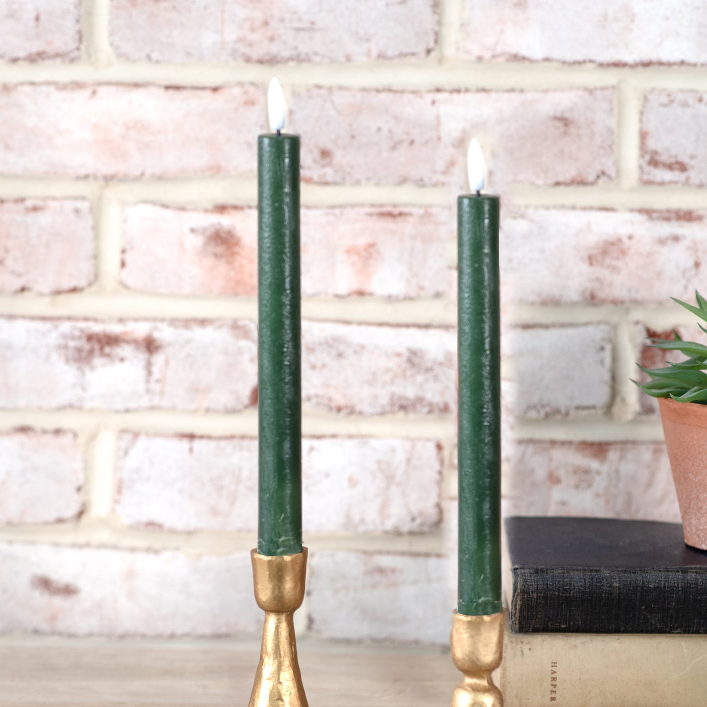 2 Piece Green LED Taper Candle Set