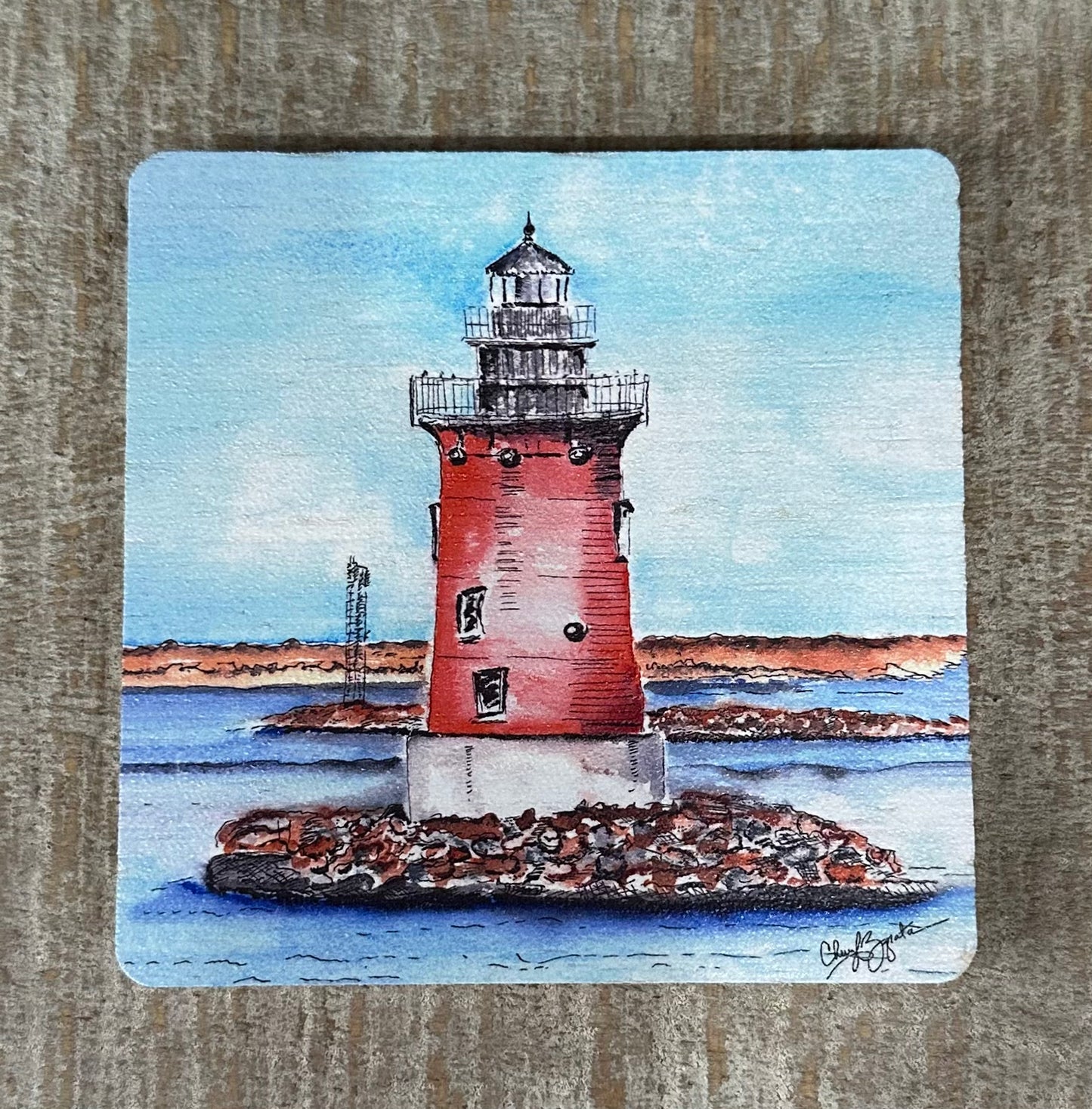 Lewes Lighthouse Wooden Coaster by Cheryl Zapata Art