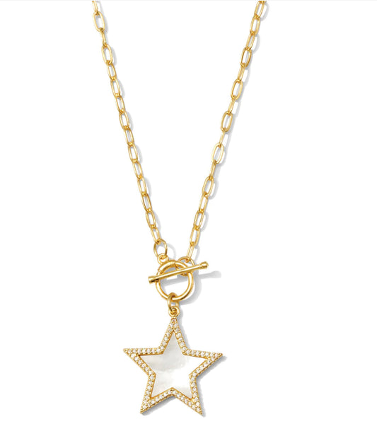 Gold MOP Pave Star Toggle Pendant Necklace