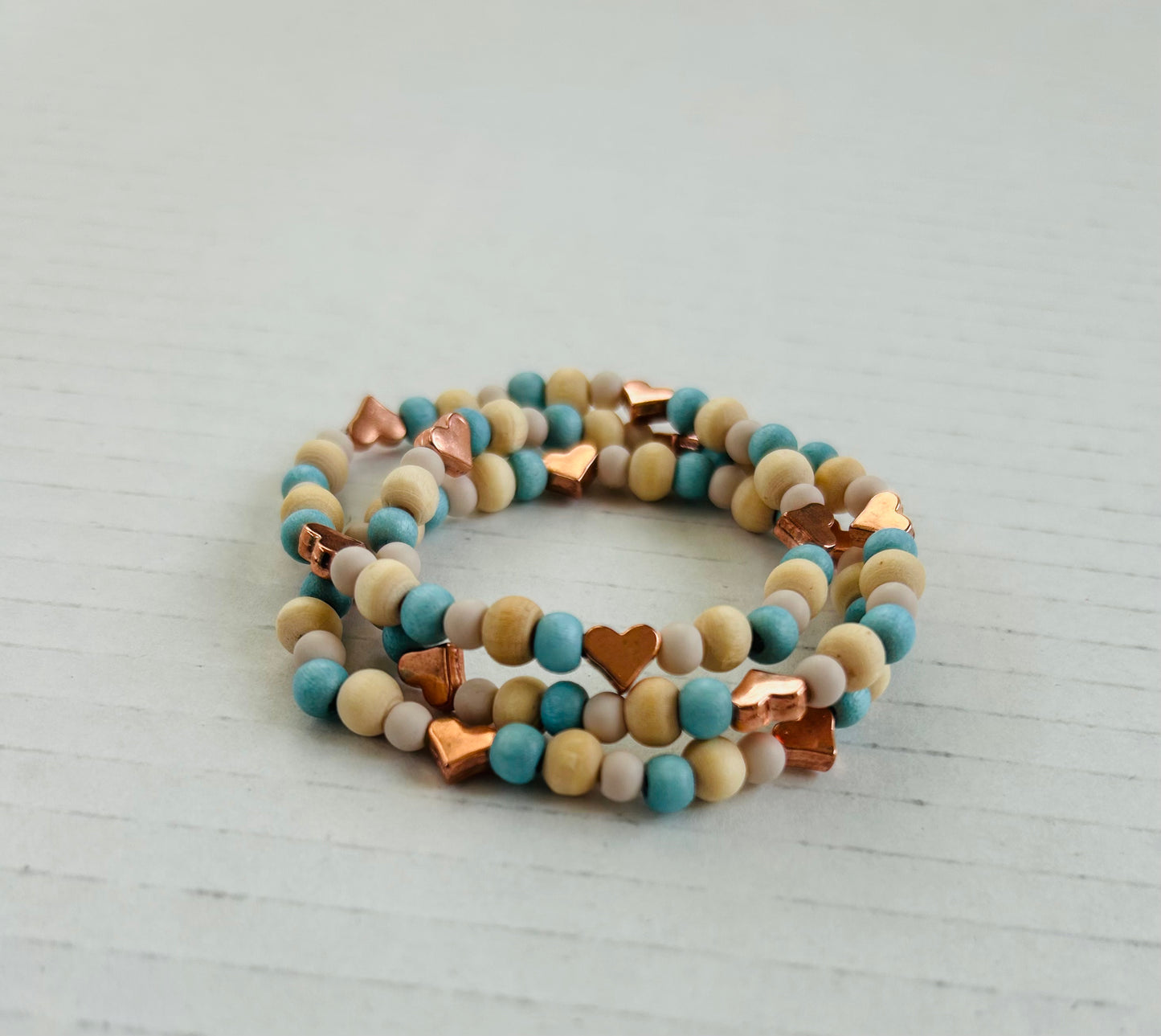 Blue & Cream Bracelet With Rose Gold Hearts