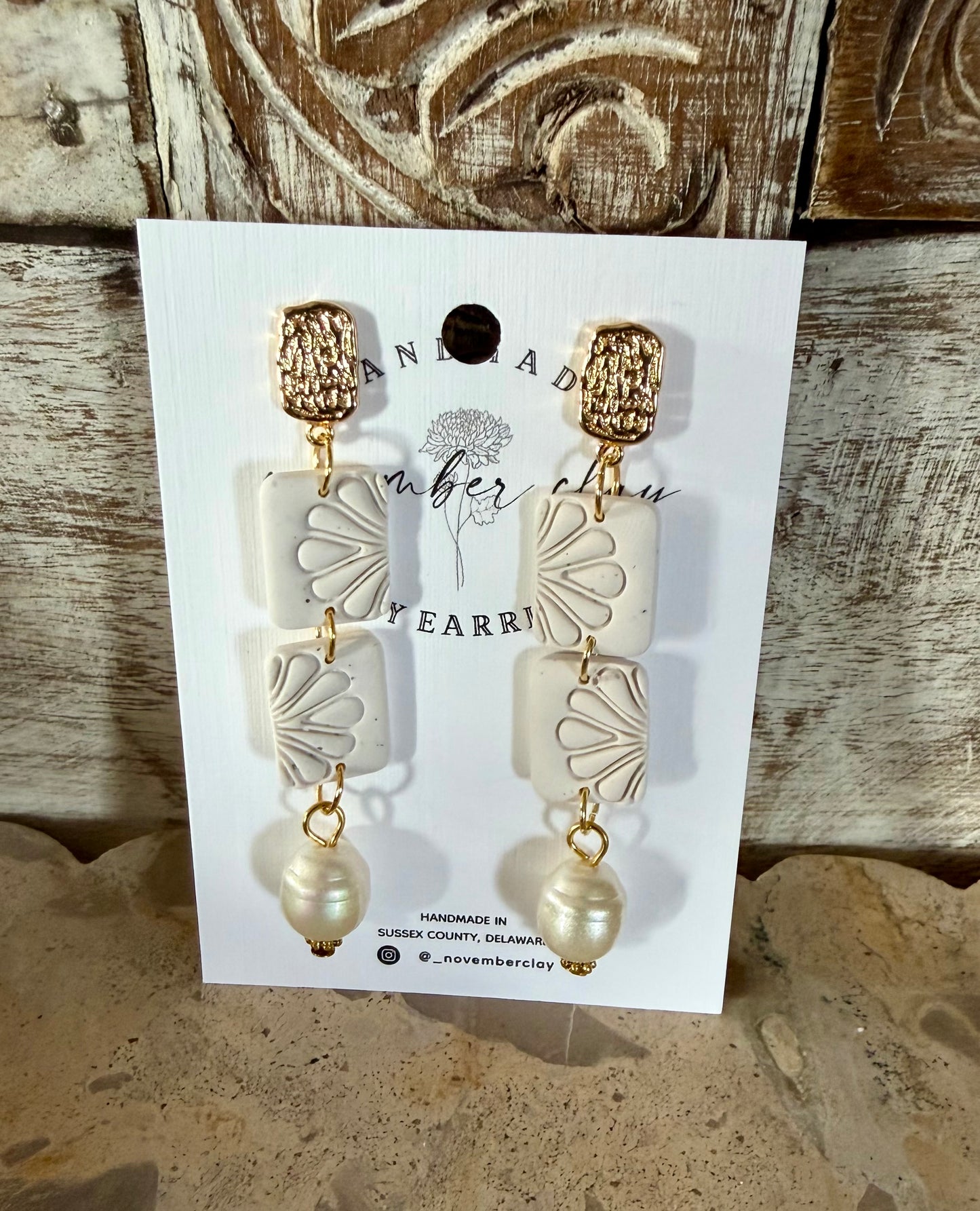 Scalloped Printed Rectangles w/Pearl Charm