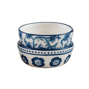 Set of 2 Blue & White Print Tidbit Bowls