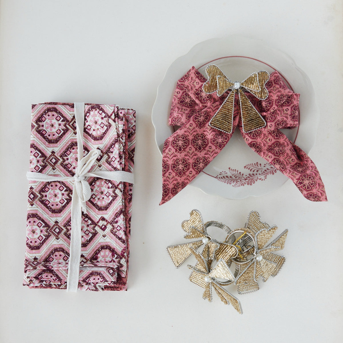 Handmade Metal & Glass Beaded Bow Shaped Napkin Rings, Set of 4 Tied with Gold Cord