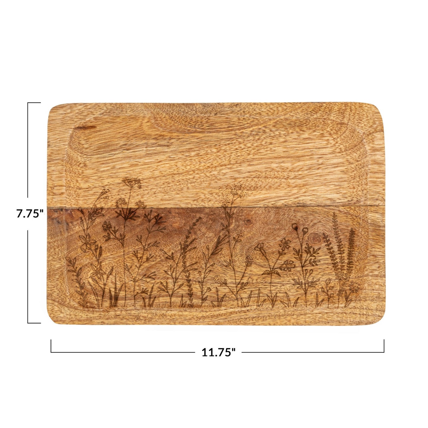 Mango Wood Tray w/ Laser Etched Botanicals, Natural