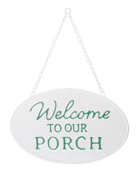 Embossed Sage & White Enamel Welcome to Our Porch Wall Sign