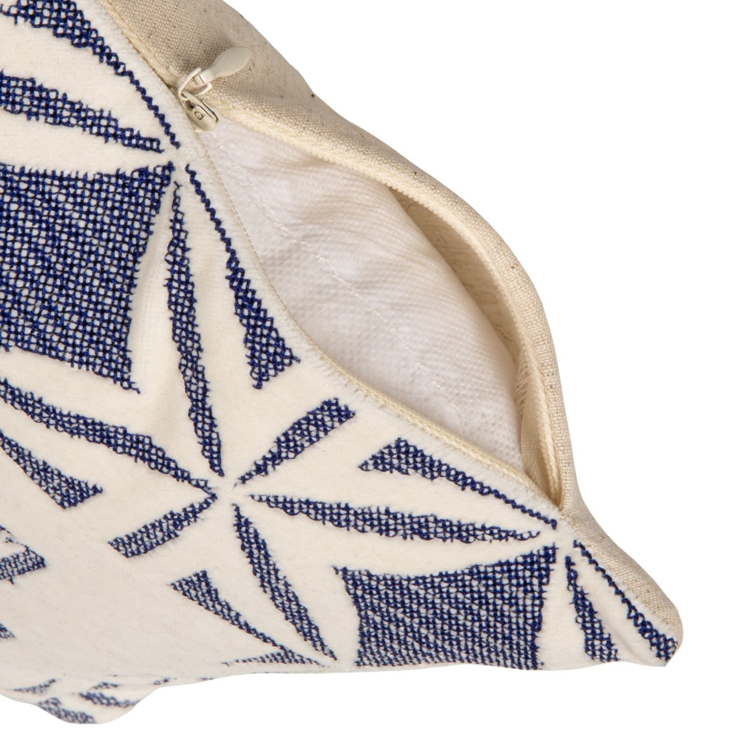 Cotton Velvet Embroidered Lumbar Pillow with Blue Geometric Pattern