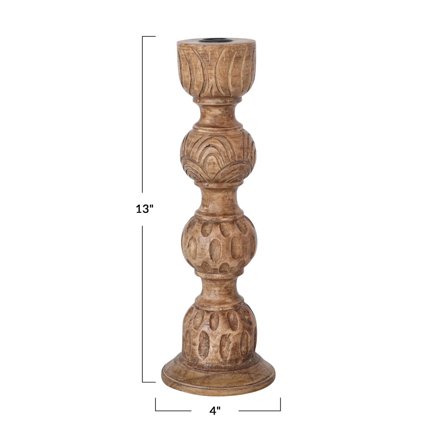 Hand-Carved Mango Wood Taper Holder, Natural, Lg