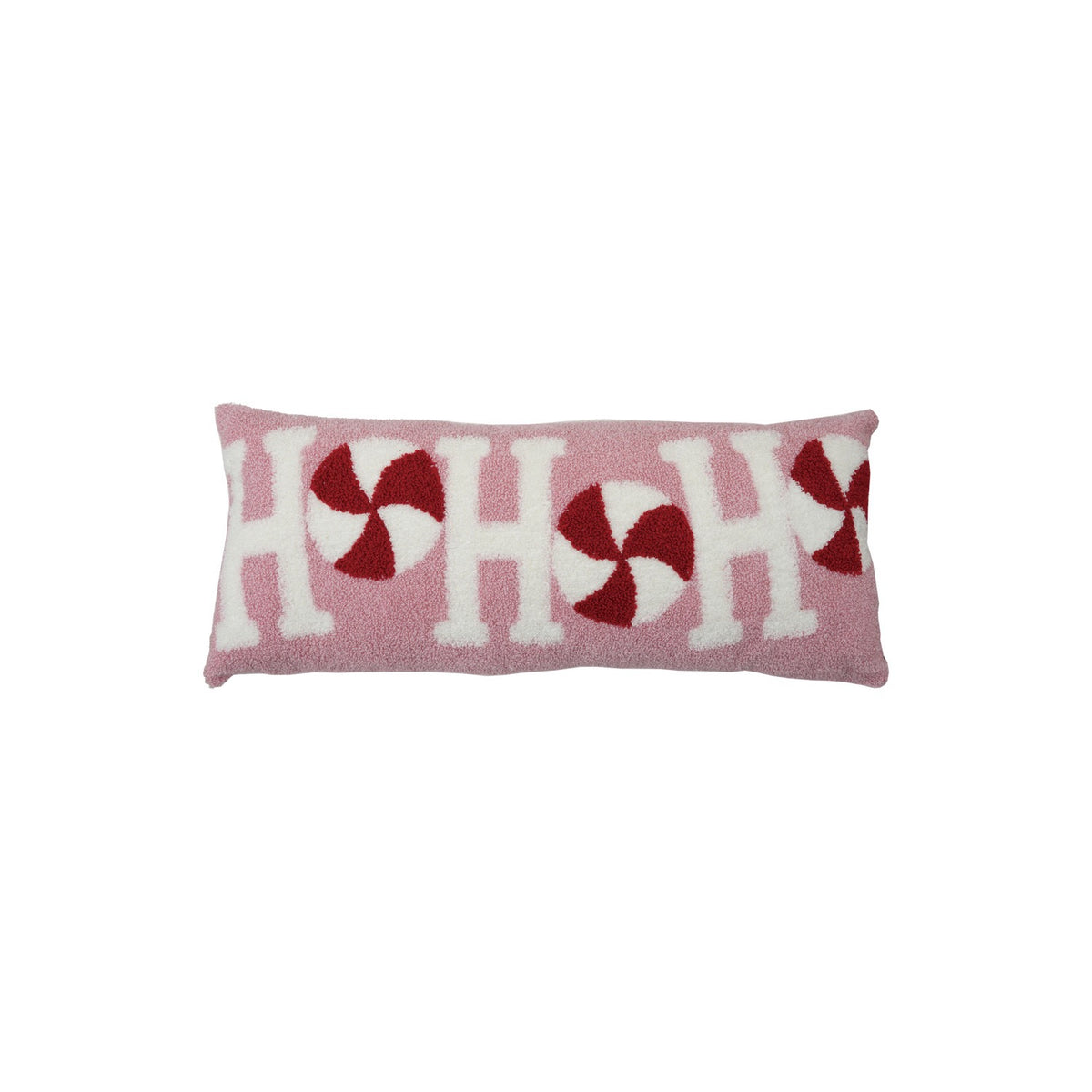 Cotton Terry Cloth Lumbar Pillow with Candy "Ho Ho Ho", Pink, White & Red