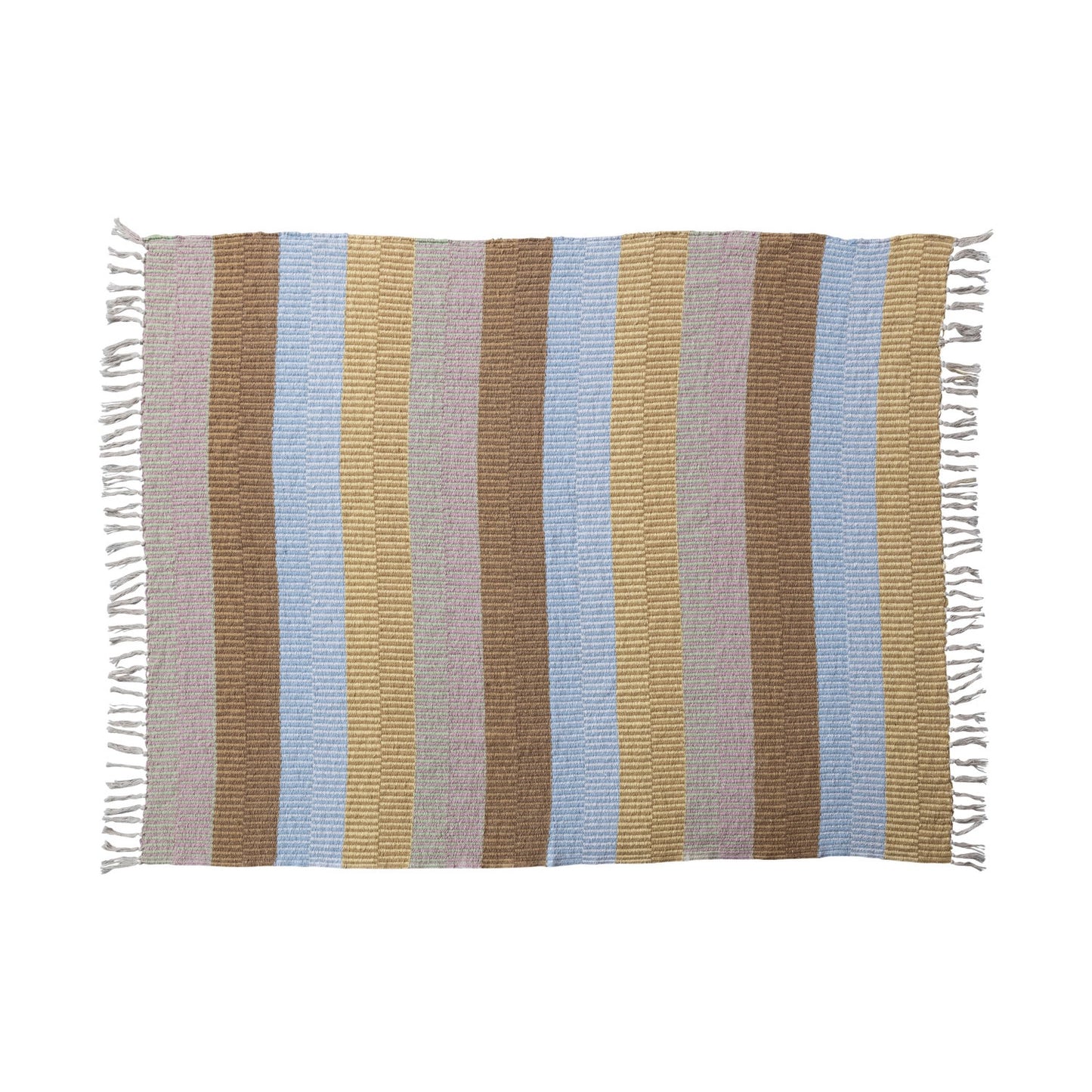 Cream, Orange, Brown 60"L x 50"W Woven Recycled Cotton Striped Throw with Fringe