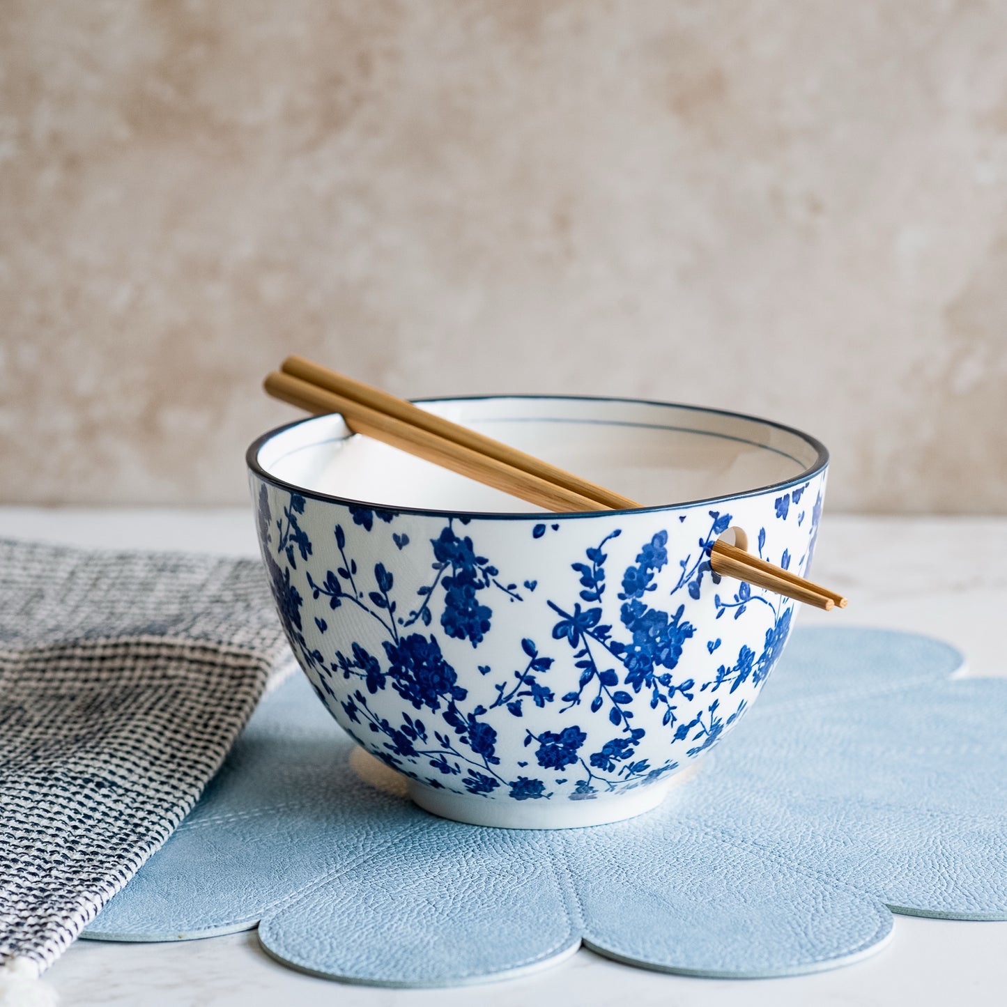 6" Blue Mini Floral Noodle Bowl w/Chopsticks