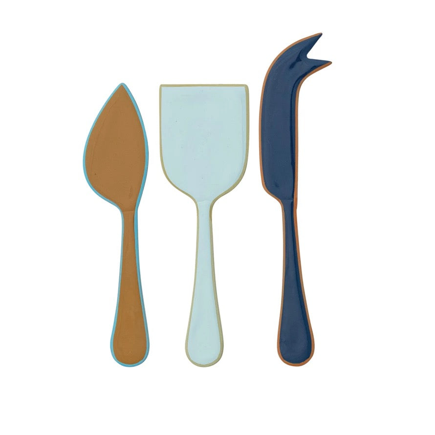 Enameled Stainless Steel Cheese Knives with Colored Edge, Set of 3 Blue/Tan