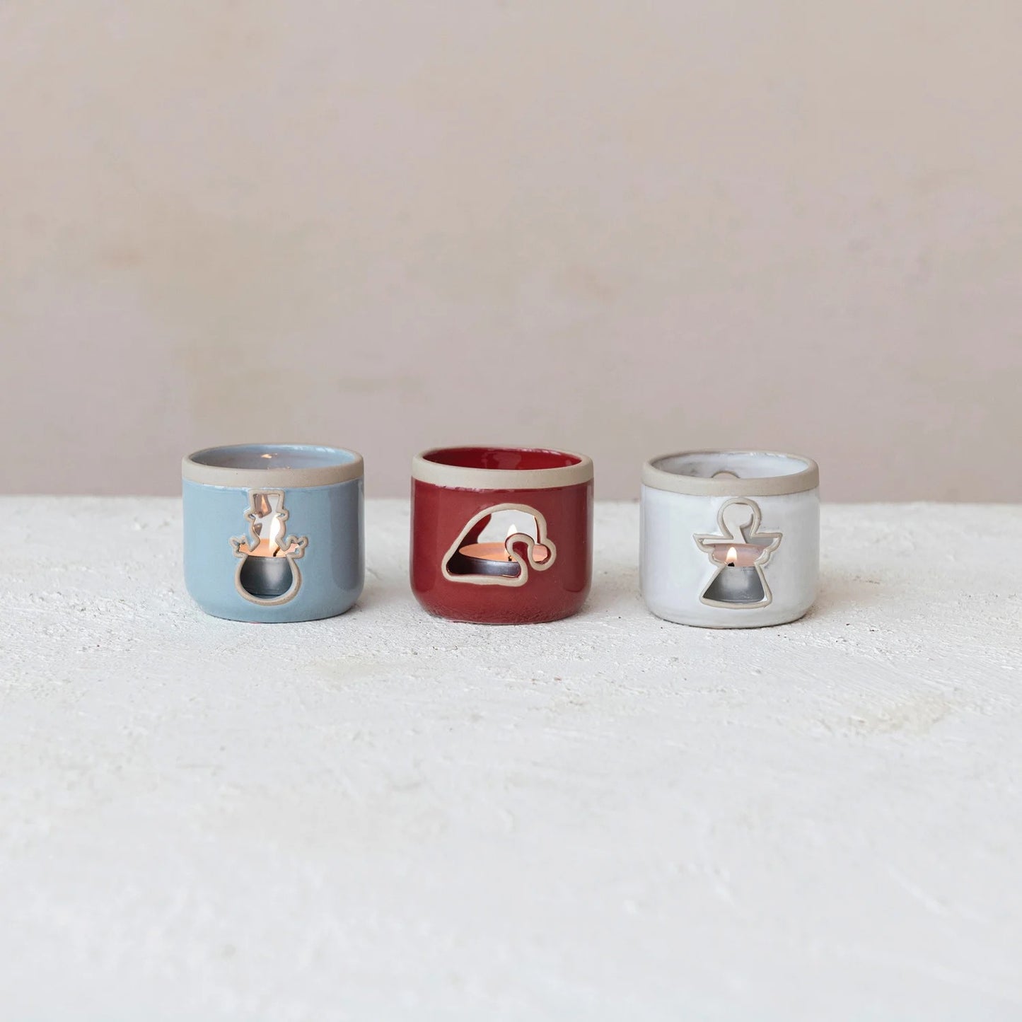Stoneware Tealight Holder w/ Cut-Out, 3 Colors, 3 Styles (Each One Will Vary)