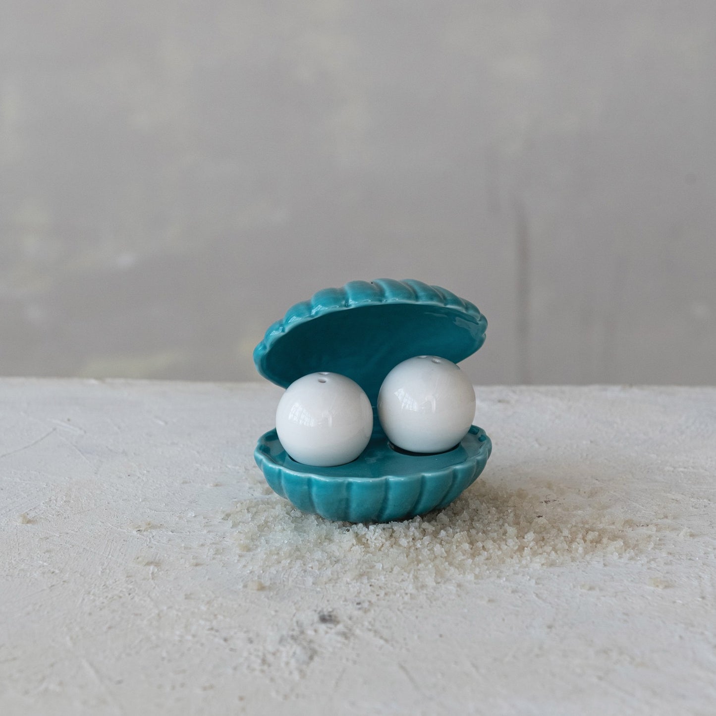 Stoneware Salt & Pepper Shakers with Shell Shaped Holder